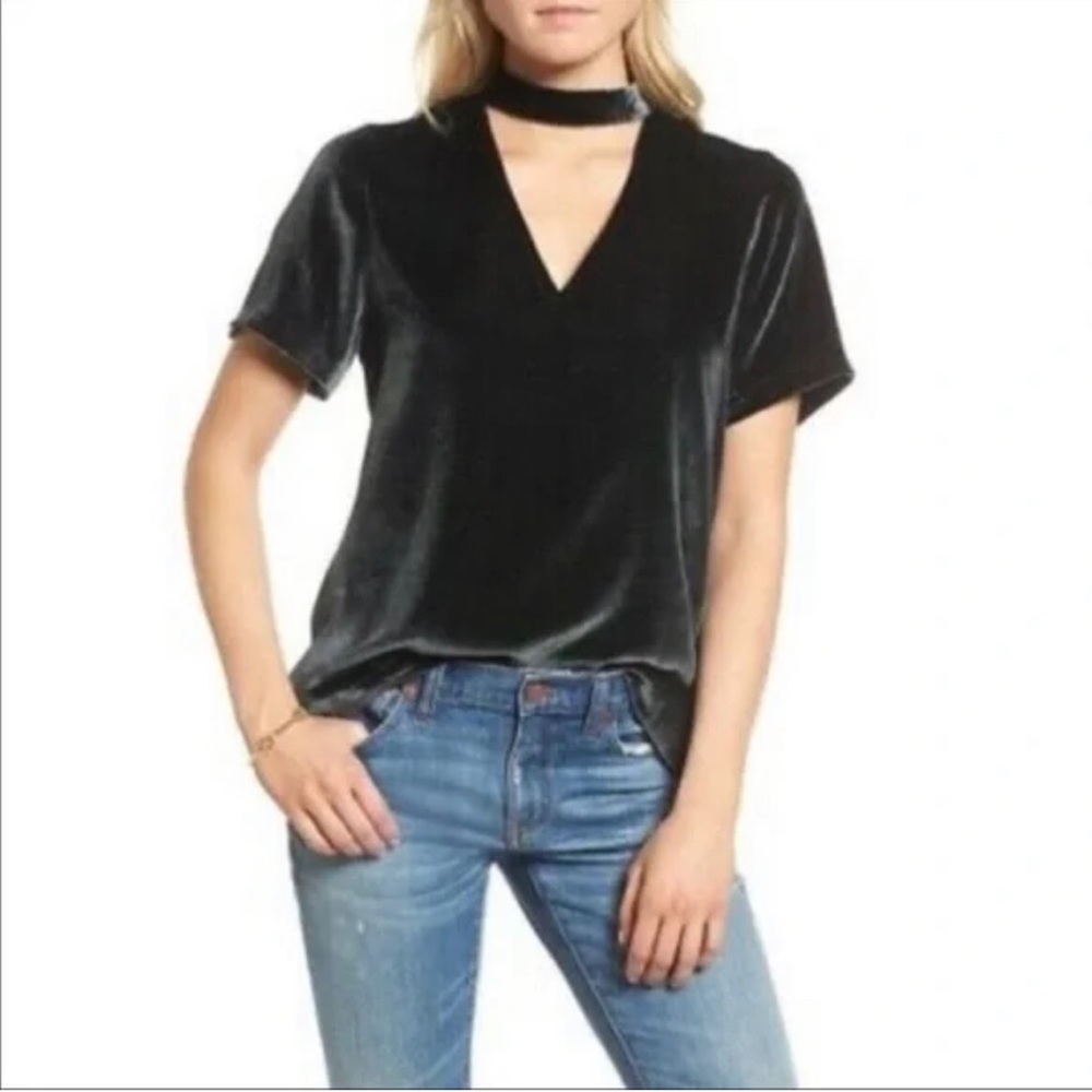 Madewell Women’s Velvet Choker Short Sleeve Top, Dark Palm Size XXS
